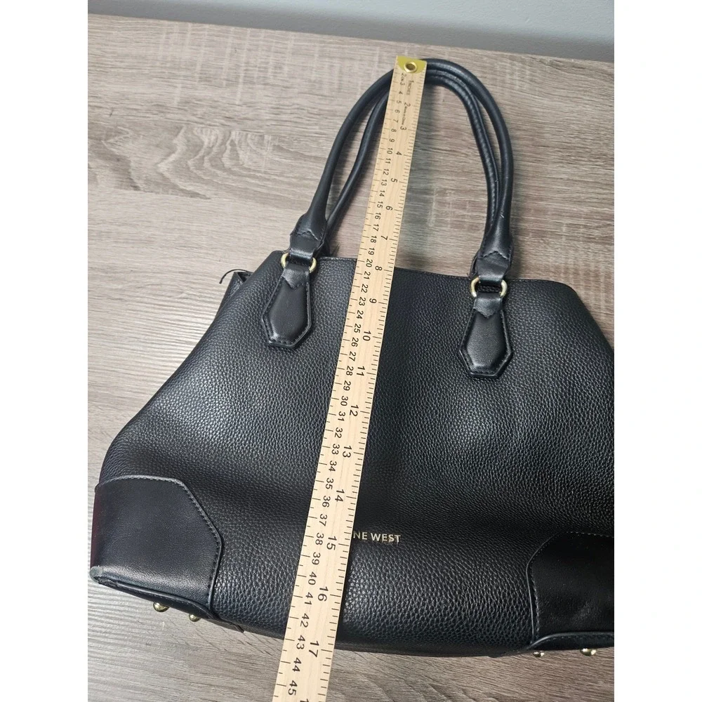 Nine West Black Pebbled Faux Leather Satchel Handbag Gold Hardware Work Tote